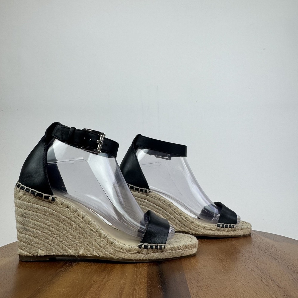 New Womens Vince Camuto Meddrina Black Leather Wedge Heels Sandals Size 8.5 M